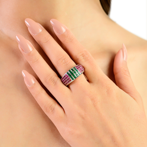 Art Deco Genuine Princess Cut Emerald & Round Brilliant Cut Ruby <b>Statement</b> Dome Band <b>Ring</b> in 925 <b>Silver</b> Wholesale Jewelry - Product Image 4