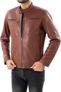 Chaquetas de Cuero Genuino Marrón para Hombre, Estilo Urbano, con Cuello de Botones a Presión, Disponibles al por Mayor - Product Image 3