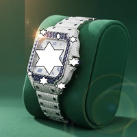 Nouvelle conception, montre mécanique de luxe faite à la main en acier inoxydable, boîtier carré, verre saphir, analogique, fermoir à bouton-poussoir, moissanite bleue