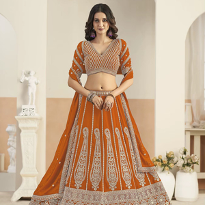Lehenga Choli semi-cousu en Faux Georgette avec broderie de sequins, style moderne, pour mariages, Diwali et occasions de fête, longueur ras du sol - Product Image 1