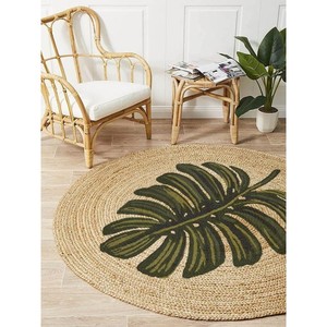 High Quality Round Jute Area Rug with Monstera Leaf Print Bohemian Style Flat Weave Eco Friendly Living Room Decor - Product Image 6