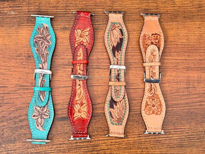 สายนาฬิกาหนังแท้ลายดอกไม้ตะวันตกทำด้วยมือสายหนังแท้สีเทอร์ควอยซ์สวยงามดีไซน์ตามสั่ง - Product Image 5