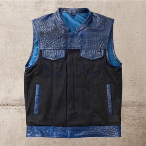 Gilet de motard en cuir ciré gaufré crocodile pour homme - Product Image 1