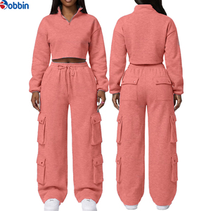 Conjunto Deportivo BOBBIN INDUSTRIES para Mujer, Sudadera Corta Gris con Cierre de Cremallera y Pantalones Cargo, Corte Holgado Informal, Color Sólido - Product Image 5