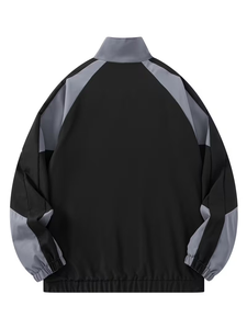 Men's Black Bomber Jacket Solid Color Zipper Closure Stand Collar Casual Windproof Polyester Autumn Wear - Product Image 3