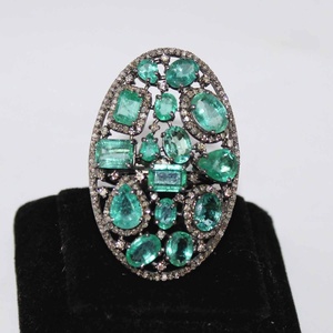 Wholesale 925 Solid Sterling <b>Silver</b> Natural Multi Cut <b>Emerald</b> Diamond Oval Openwork Cluster <b>Ring</b> Fine Jewelry Memoria Jewels - Product Image 1