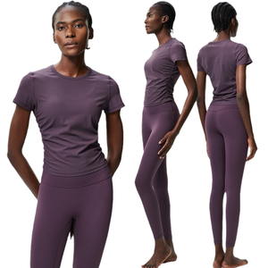 Women's Quick-Drying <b>Cross</b>-Border Outdoor Sports Running Two-Piece Set-Nude Fitness Yoga Suit Side Pleat Solid Pattern Waist - Product Image 2