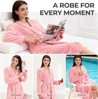 Bata de Baño de Felpa para Mujer, Manga Larga, Cuello en V, Largo Completo, Cinturón Ajustable, Suave y Cómoda, 100% Algodón, Rosa