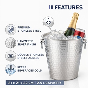 Stainless Steel Durable Wine Bucket | Ice Bucket for <b>Beer</b> | Double Handle Beverage <b>Chiller</b> 2.5L American Style Parties - Product Image 2