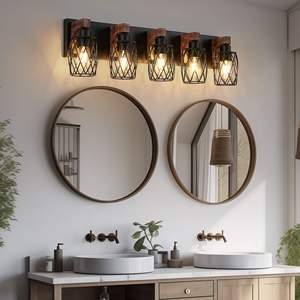 31\" Industrial Vintage 5-<b>Light</b> <b>Wall</b> Sconce Black Cage with <b>Wooden</b> Accents for Bathroom Hallway Living Room Bulb Not Included - Product Image 4