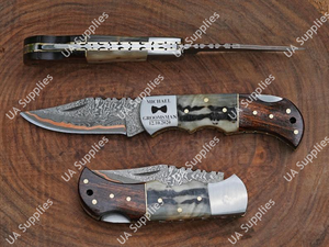 Couteau pliant de haute qualité en acier Damas cuivré, lame pointe clip, manche ergonomique en corne de cerf et bois de rose, pour la chasse, le camping et l'EDC en extérieur - Product Image 5