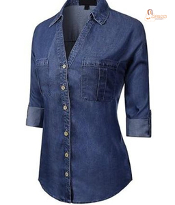 Camisa de Mezclilla para Mujer, con Botones, Manga Tres Cuartos, Color Sólido, Blusa Casual con Bolsillos, Corte Regular - Product Image 3