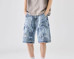 Shorts en jean stretch pour homme, mode décontractée, coupe ample, haute qualité, noir foncé délavé, streetwear - Product Image 1