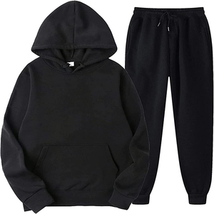 Ensemble de survêtement unisexe noir en coton, sweat à capuche et pantalon à cordon de serrage, couleur unie, manches longues, pour l'automne - Product Image 1