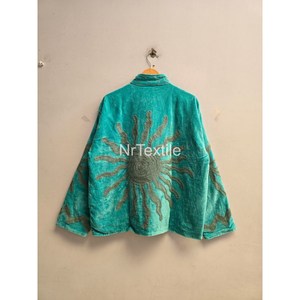 Turquoise Velvet Blouson Jacket Mandarin Collar Full Sleeve Hand Embroidered Sun Pattern Autumn Women's <b>Coat</b> - Product Image 2