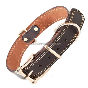 Collar de perro resistente y resistente de cuero genuino de doble costura para perros medianos o grandes con Herrajes de metal ajustables - Product Image 6
