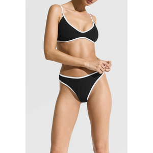 Ensemble de bikini noir pour femme avec bordure contrastante blanche, maillot de bain deux pièces à décolleté plongeant, bas de maillot en tricot de spandex et polyester - Product Image 6