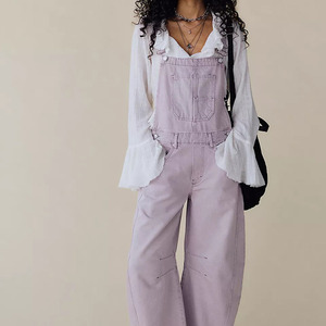 Wholesale Eco-Friendly Knitted Summer Women's Lavender Denim Overalls Wide Leg Mid Waist Regular Fit Casual <b>Jumpsuit</b> Breathable - Product Image 1