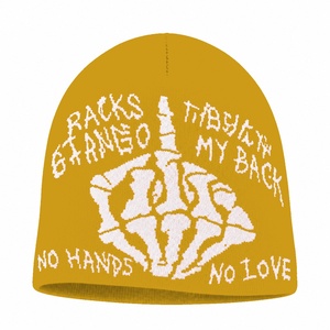 Gorro de punto jacquard amarillo mostaza con gráfico de dedo medio de esqueleto, estilo streetwear, gorro gótico unisex de invierno, venta al por mayor - Product Image 4