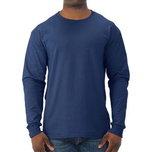 T-shirt à manches longues pour homme, coupe classique, bleu marine uni, 100% coton, décontracté, col rond, tissu tricoté, écologique, séchage rapide, respirant - Product Image 1