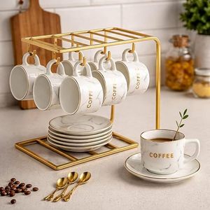 Modern Metal Coffee Mug <b>Rack</b> With 360 Rotating Base For Kitchen Storage Holders Double Tier Design Gold Finish - Product Image 2