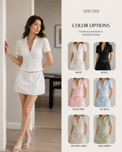 Ensemble jupe et chemisier deux pièces plissé blanc pour femme, col en V, manches courtes, boutonnage frontal, en tissu tissé, jupe au-dessus du genou, idéal pour le bureau ou les tenues décontractées - Product Image 3