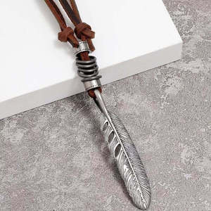 Vintage Alloy Feather Pendant Necklace with Adjustable Leather Cord for Men & Boys - Product Image 4