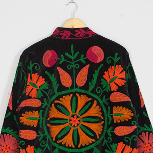 Women Velvet Embroidered <b>Jacket</b> Mandarin Collar Lantern Sleeve Floral Boho Style Autumn Coat Handmade Suzani <b>Pattern</b> - Product Image 5