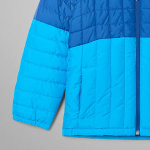 Blue <b>Hooded</b> <b>Puffer</b> <b>Jacket</b> Color Blocking Zipper Closure Windproof Winter Coat <b>Men</b> Casual Regular Fit Polyester Wadding - Product Image 3