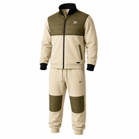 Survêtement Homme Beige Olive Color Block Épais avec Veste Zippée et Pantalon de Survêtement – Tenue Décontractée Hiver Respirante en Polyester Coton