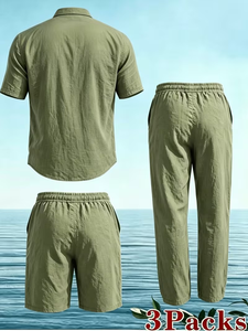 2026 Summer Vacation Men's Khaki 100% Cotton Woven Satin Solid Short Sleeve Shirt Long Pants Shorts Set Casual Beach 2pcs Quick - Product Image 2