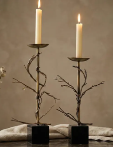 Modern Rustic Brass Twig & Branch Pillar <b>Candle</b> Stands – <b>Set</b> of 2 Sculptural Botanical Pedestals for Dining Table Centerpiece - Product Image 2