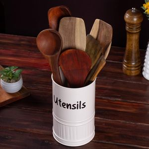 Cylindrical Metal Utensil Holder with Utensils <b>Label</b> for <b>Kitchen</b> Storage Rustic Style Standing Type Durable Design - Product Image 5