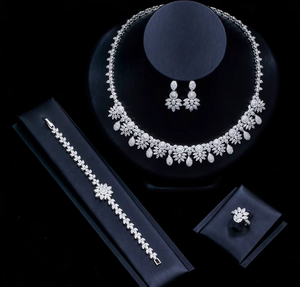 Luxury Zircon Bridal Jewelry <b>Set</b> Necklace <b>Bracelet</b> <b>Earrings</b> Ring 4 Piece Wedding Party for Women Gold Plated Trendy 925 Silver - Product Image 1