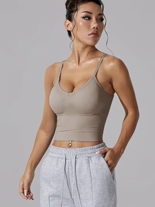Ladies Low Cut Plunge Strappy Yoga <b>Bra</b> | Soft Breathable Running Crop Tank | Solid Color Non-Printed <b>Stretch</b> Gym Brassiere - Product Image 5