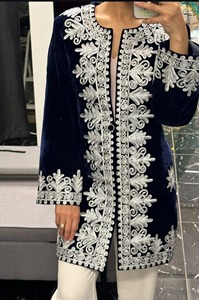 Elegant Navy Velvet Embroidered <b>Jacket</b> With White Thread Work Full Sleeve Loose Fit Midi Length Formal Wear - Product Image 4