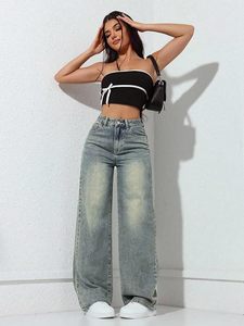 Jean en denim pour femme, coupe droite, taille mi-haute, jambe large, 100% coton, style vintage, décontracté, coupe régulière, avec ceinture - Product Image 5