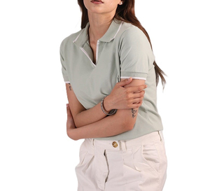 Polo de Manga Corta Verde Claro para Mujer, Color Sólido, Informal, Tejido de Punto, 100% Algodón, Largo Regular - Product Image 3