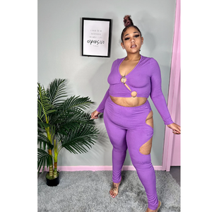 Women Purple Long Sleeve High Waist <b>Jumpsuit</b> With Hollow Out Design Sexy Club Wear Full Length Knitted Spandex Polyester - Product Image 3