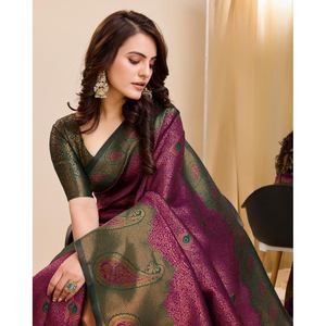 DISEÑADOR KANJIVARAM SILK JACQUARD WORK SAREE CON BLUSA DESCOSADA VINO - Product Image 2