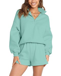 Ensemble 2 pièces pour femme en coton écologique, maille et dentelle, coupe oversize, couleur unie, respirant, pour yoga, avec short et sweat-shirt à taille élastique, séchage rapide - Product Image 1