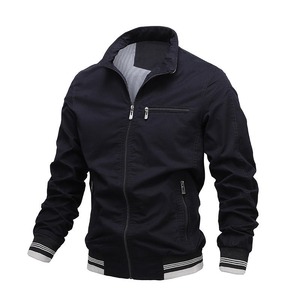Blouson bomber beige pour homme, manches régulières, fermeture éclair, coupe-vent, décontracté, pour l'automne, en polyester et coton, col montant - Product Image 3