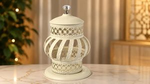 Decorative Metal Lantern <b>Lamp</b> Cream White Finish Intricate Lattice Design Crystal Knob Candle Holder & <b>Table</b> Decor - Product Image 3