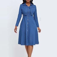 Conjunto de Dos Piezas: Vestido Camisero sin Mangas con Botones y Chaqueta de Mezclilla Lavada Estilo Vintage Elegante, con Recortes, para Fiesta, Uso Diario, Verano y Eventos Formales