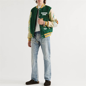 Customized Logo <b>Men's</b> Green Varsity <b>Jacket</b> Cotton Polyester Casual Turn-down Collar Button Front Embroidered Patchwork Design - Product Image 4
