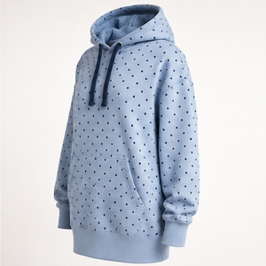 Sudadera con Capucha Extra Grande para Mujer, Color Azul Polvo, con Puntos Pequeños Espaciados Uniformemente, de Felpa, Hecha de Algodón Reciclado, Personalizable - Product Image 3