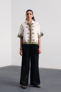 Chemise courte en coton ethnique pour femmes avec broderie, style Inde Pakistan, coupe ample, décontractée, toutes saisons, blanc, vert, noir - Product Image 1