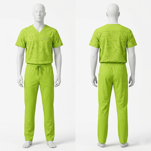 Conjunto de Uniformes Médicos Unisex Estampados, Tela Dobby Premium de Poliéster y Spandex, 160 GSM, Verde Lima, Cuello en V, Etiqueta Tejida Personalizada - Product Image 1