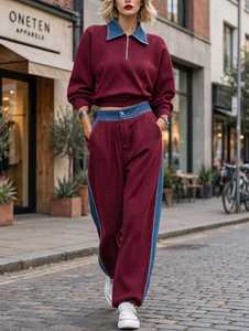 ONETEN APPARELS Conjunto Deportivo Color Block para Mujer, Sudadera con Cuello de Mezclilla y Parches, Pantalones Largos Casuales - Product Image 5