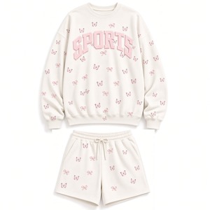Sweat-shirt personnalisé pour femme avec motif en relief, short assorti, ensemble deux pièces, détails de nœuds floraux 3D, tissu polaire doux et confortable - Product Image 3